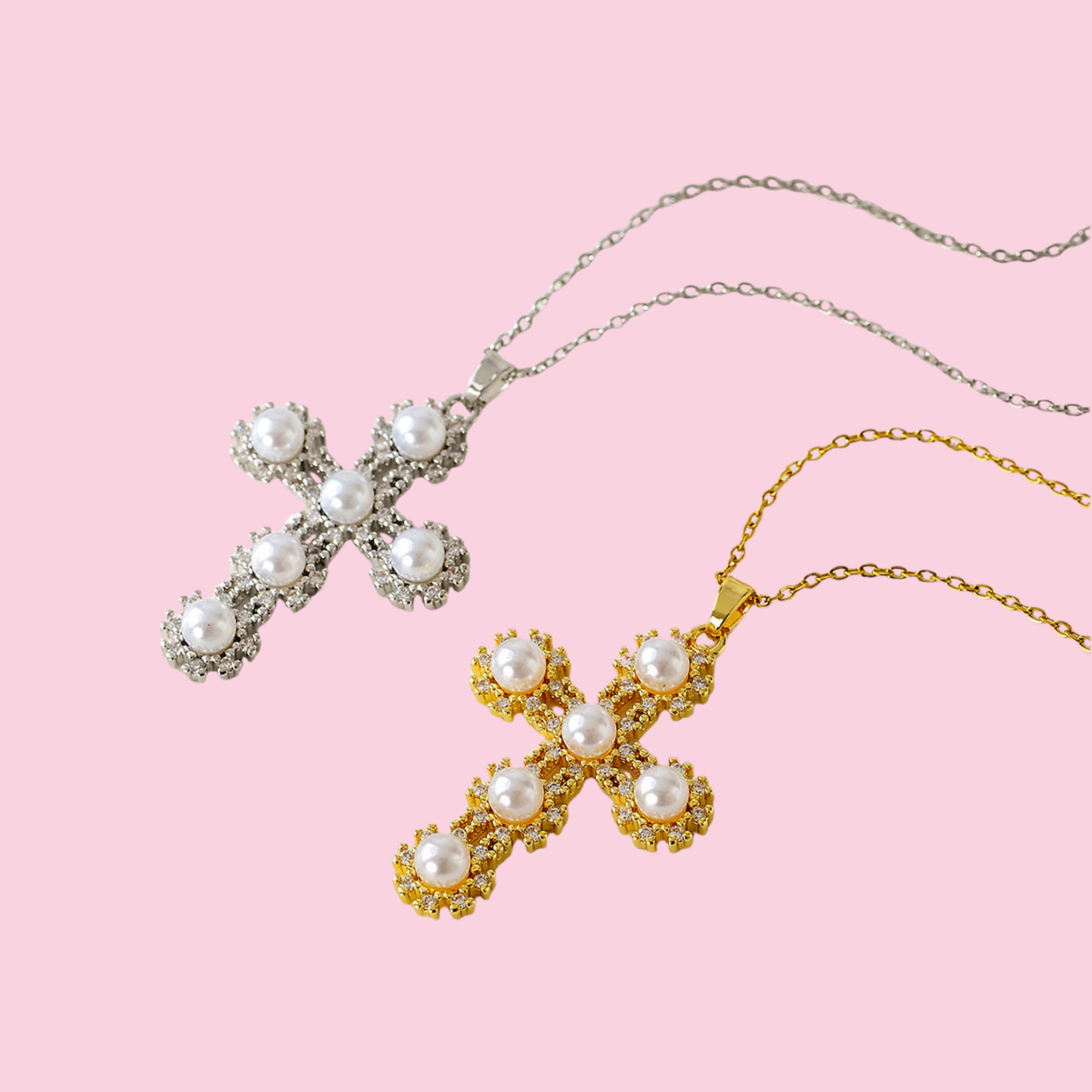 Collar Cruz Perla Con Zirconia