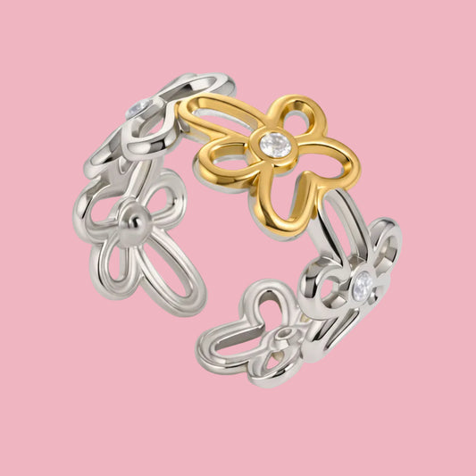 Anillo Flores Zirconia Bicolor