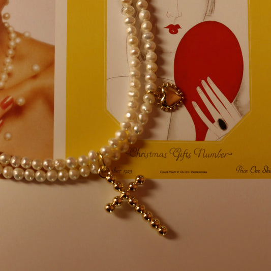 Collar Cruz Bolitas Perlas Doble