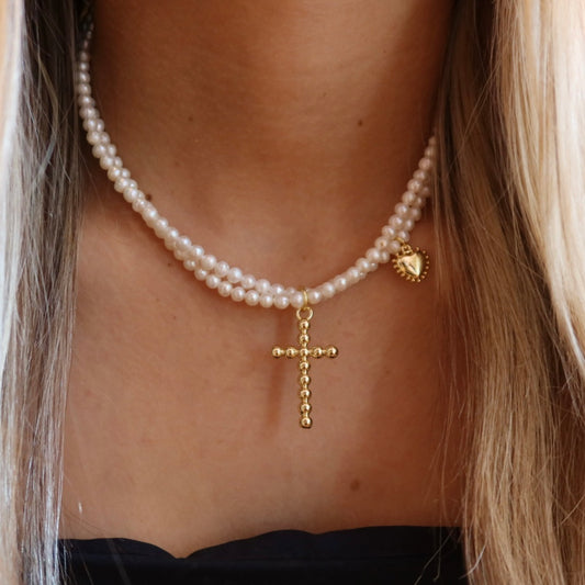 Collar Cruz Bolitas Perlas Doble